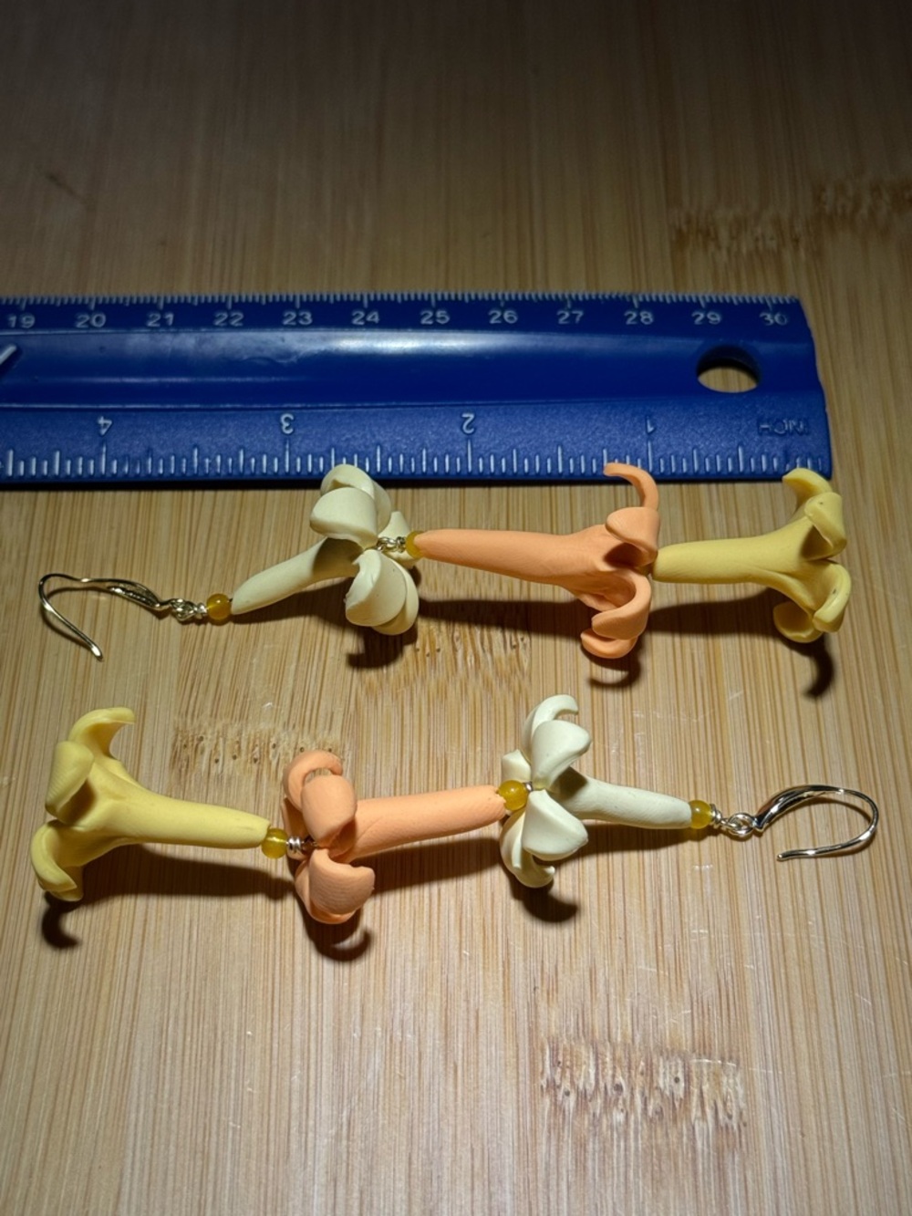 Handcrafted Yellow & Peach Fimo Clay Puakenikeni Floral Drop Earrings